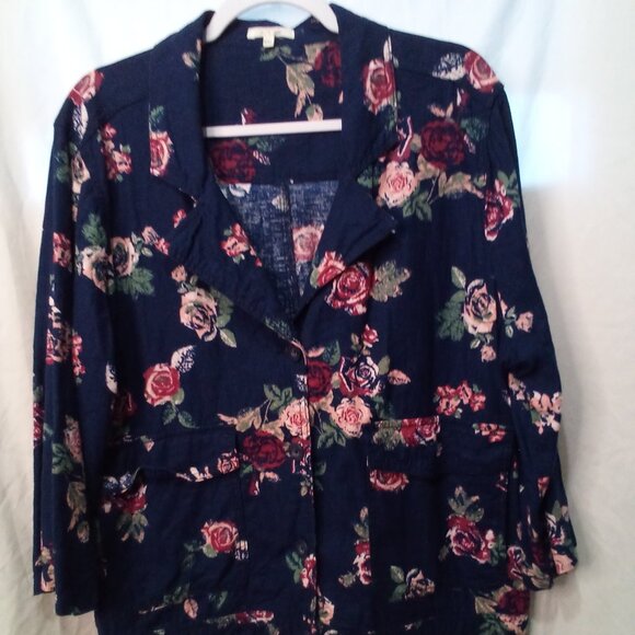 Maurices Blazer XXL Button Up 3/4 Sleeve Pockets Linen Blend Floral Blue Pink - Picture 1 of 13